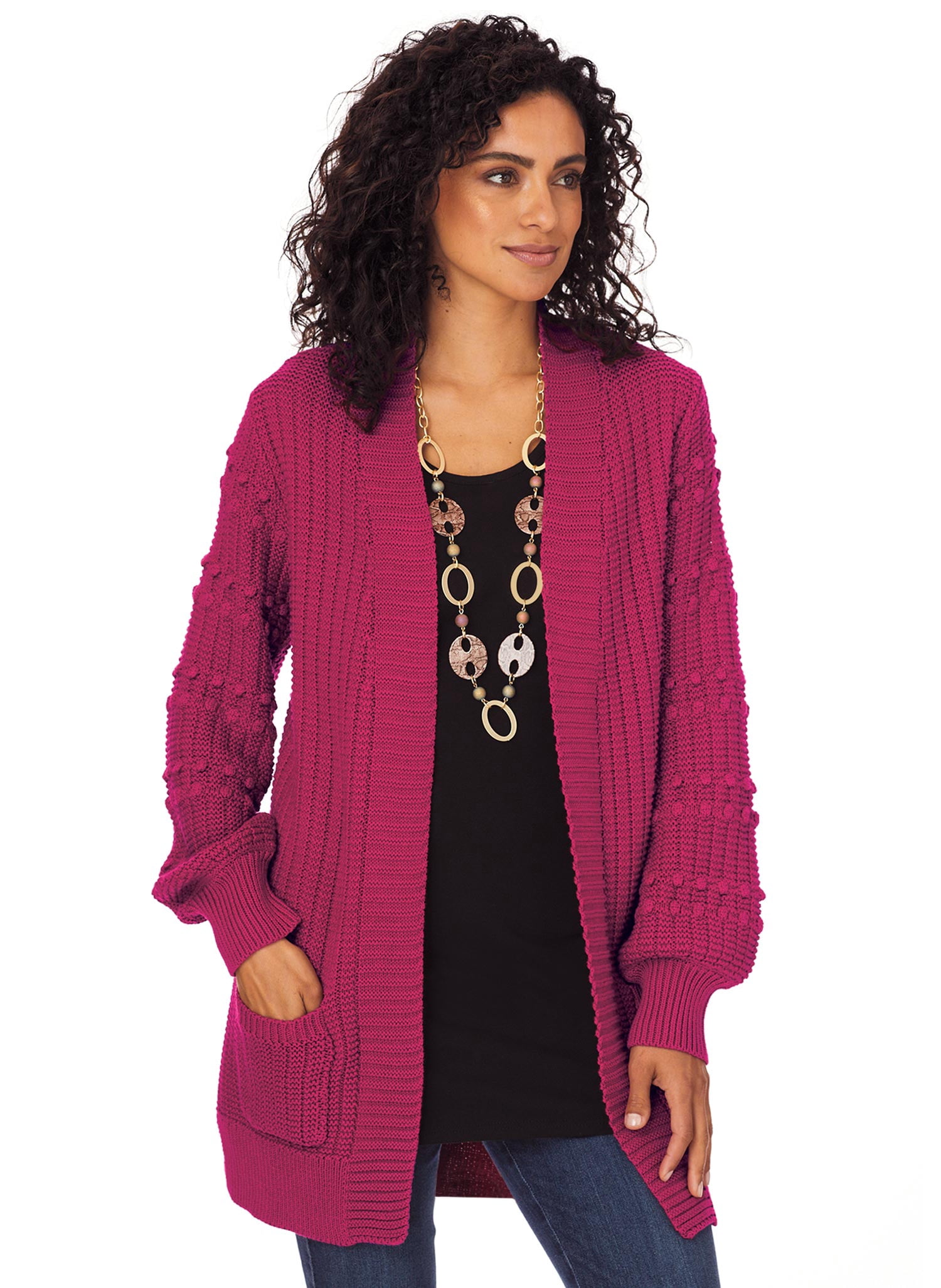 pom pom sleeve open cardigan