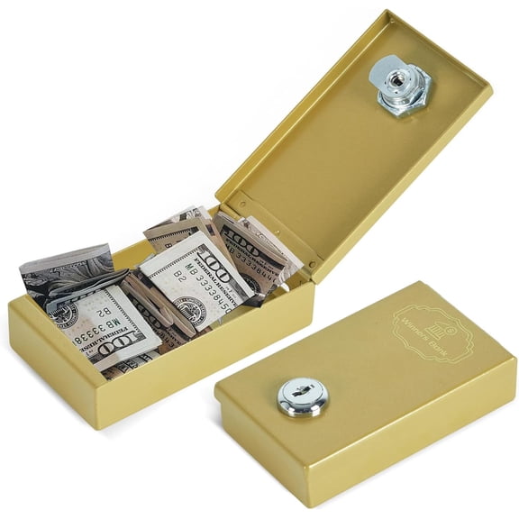 Metal Box for Gambler - Winners Bank Portable Safe Casino Money Pocket Sized Cash Box with Key Go Home Money - Golden