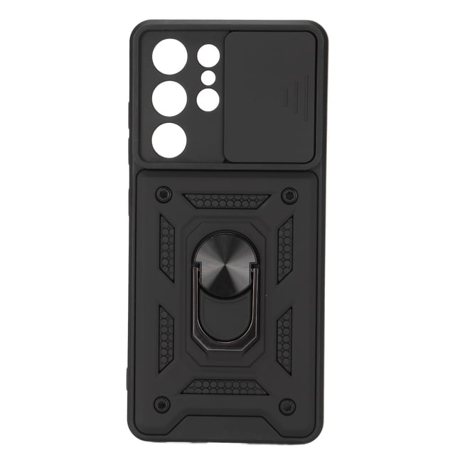 Phone Protective Case Sliding Camera Lens Cover Mobile Phone Case with Ring Holder for S21 Ultra Black