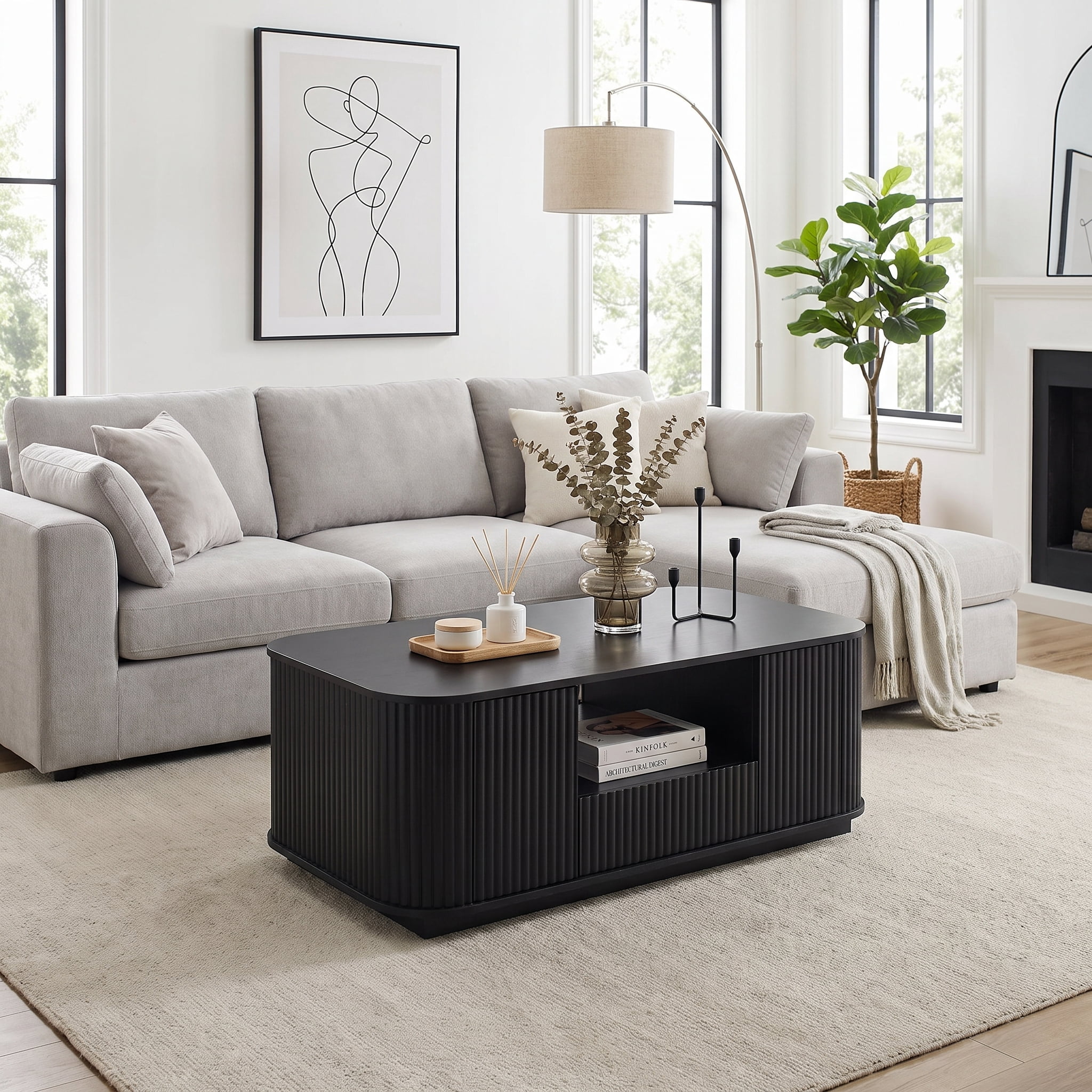 Homy Casa 46.5 in Modern Rounded Coffee Table with Drawer Cabinet Storage for Living Room Black