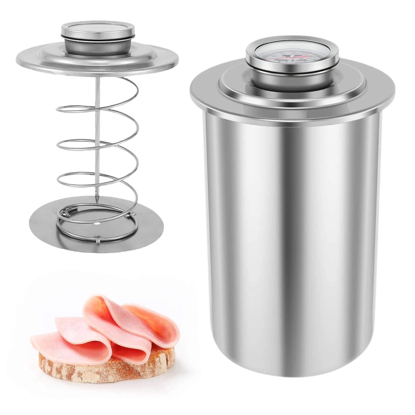 Press, Kitchen Thermometer, Stainless Steel, Barrel, 8X14 in Kitchen Mold, Meat Thermometer, Meat Shaping, Homemade Charcuterie, Silver, 1 Pc