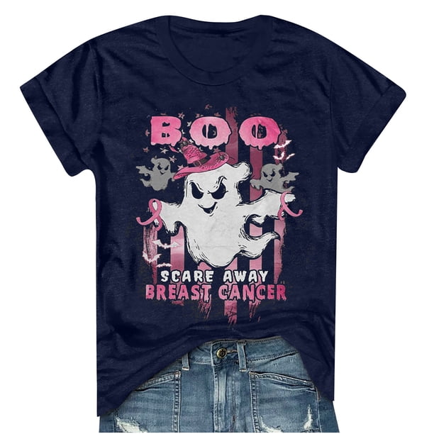 Scare Away Breast Cance Print Mujeres Halloween Breast Awareness Camiseta de manga corta Tops Fridja gope4030