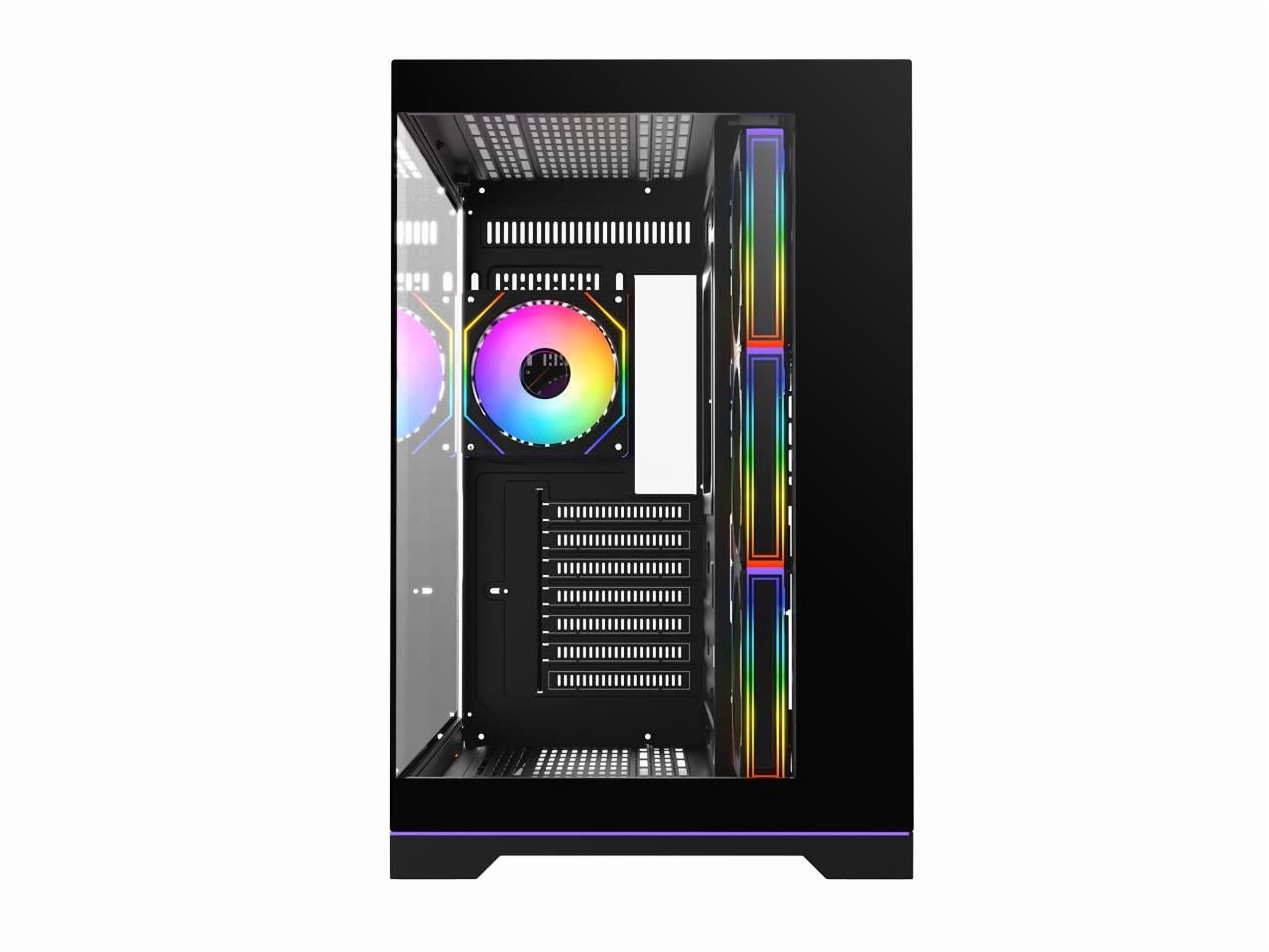 DIYPC ARGB-DC200-BK Black Dual USB3.0 Tempered Glass ATX Gaming Computer Case w/ 4 x ARGB PWM Fans (Pre-Installed) and ARGB Light Strip at Bottom.
