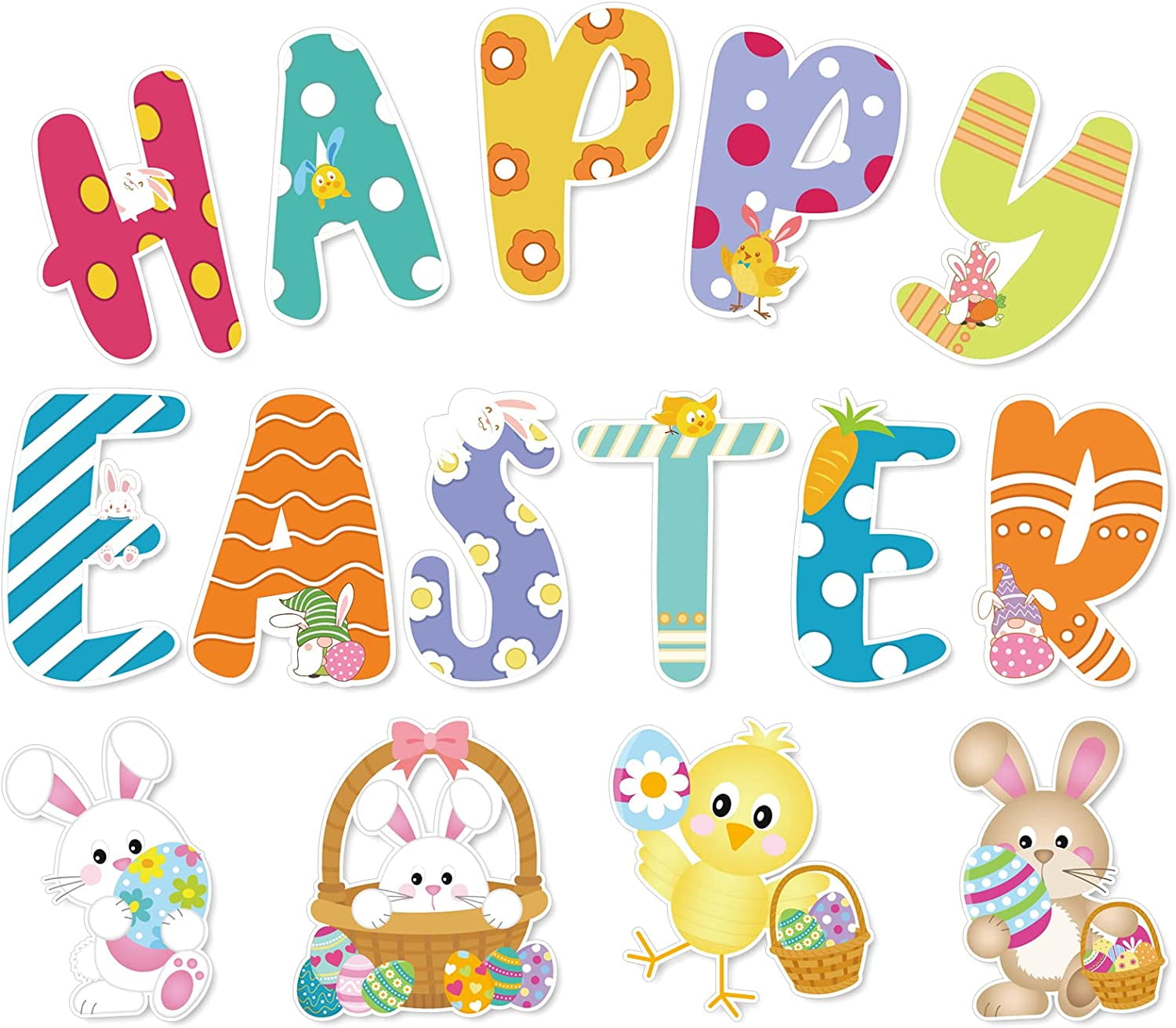 Whaline 46Pcs Easter CutOuts Happy Easter Rabbit Bunny Cut Outs With