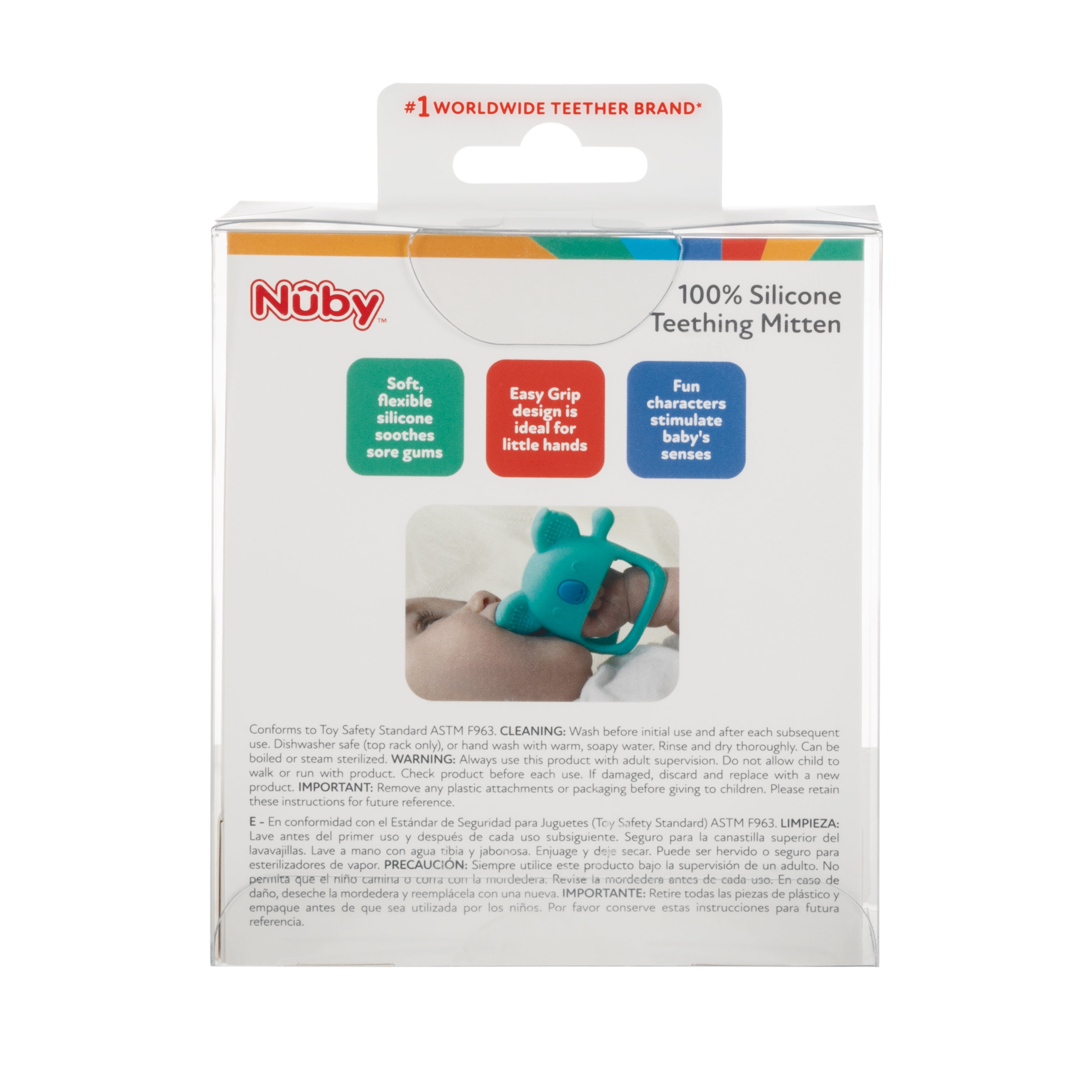 Nuby Wrist Grip Silicone Teething Mitten for Babies, Brown Bear