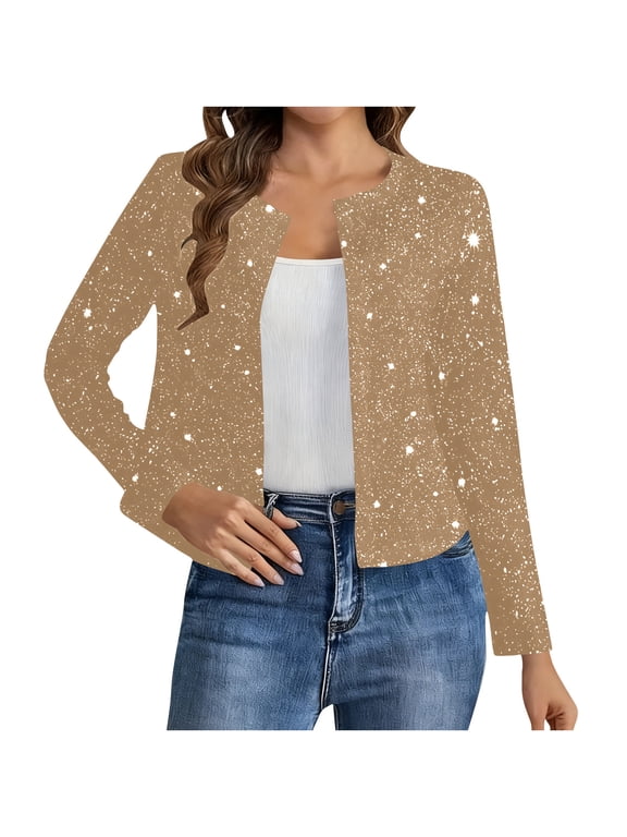 Cropped Sequin Cardigans for Women Long Sleeve Open Front Elegant Glitter Party Jackets Ladies Sparkle Short Blazer