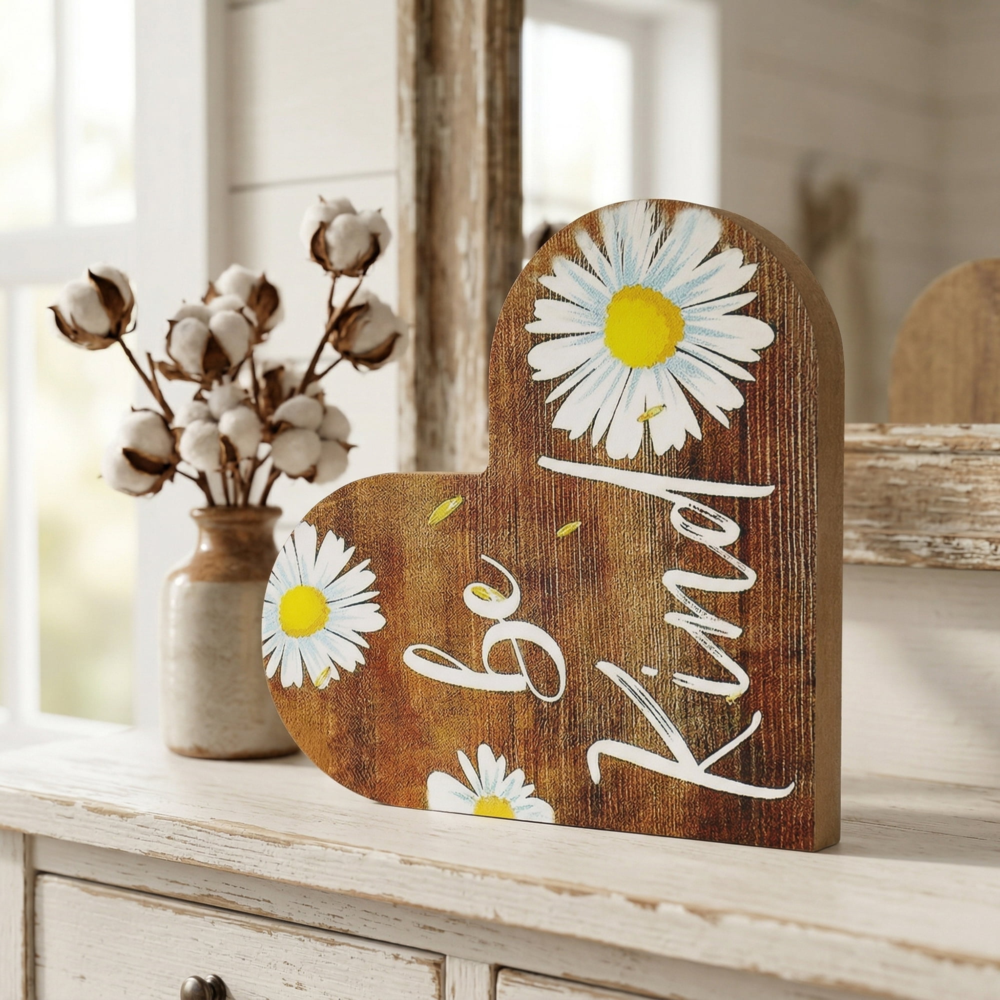 Unique Bargains 2Pcs Wooden Heart Signs Freestanding Heart Tabletop Decor Brown 6.3in