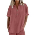 thumbnail image 4 of Women Breathable Cotton Linen T-Shirt Button V Neck Blouse Solid Color Short Sleeve Tops Lightweight Loose Fit Blouses Leisure Comfort Summer Cooling Shirt Everday Wear, 4 of 5