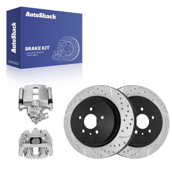 AutoShack Rear Vented Drilled & Slotted E-Coated Brake Rotors   Calipers 4-PC Brake Kit Replacement for 2013-2019 Ford Explorer 2013-2019 Ford Taurus 2013-2015 Lincoln MKS ShadowGuard 13.58" (345 mm)