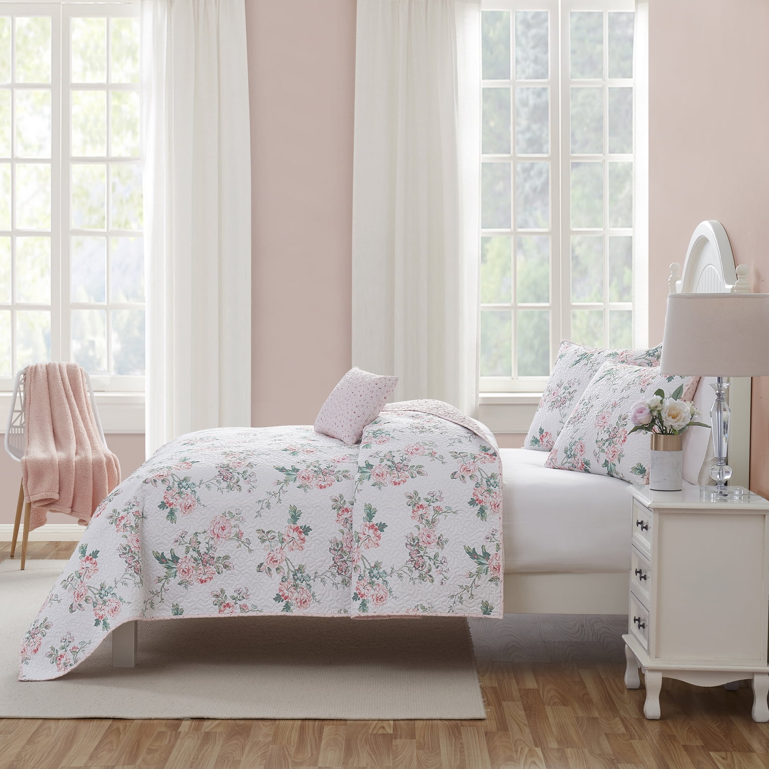 Simply Shabby Chic 4-Piece White Azure Floral Bedding Sets, Full Queen