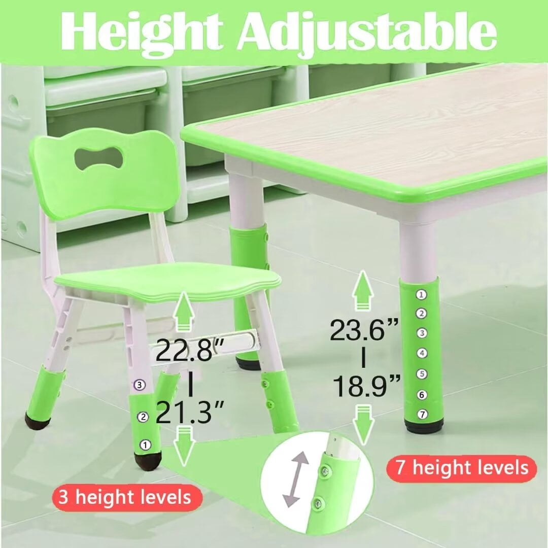 Kids Table and 6 Chairs Set, Height Adjustable Toddler Table and Chair Set for Ages 2-10, Children Multi-Activity Table