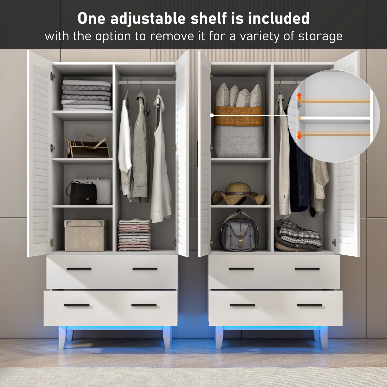 Blotout 70” Tall LED Armoire Wardrobe with Mirror & 2 Drawers, 2 Door LED Wood Wardrobe Armoire with Multi-Layer Shelves & Hanging Rod, Large Capacity Storage Cabinet w/Louver Doors, White