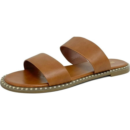 

New Women s Double Strap Band Flat Slide Stud Summer Sandal