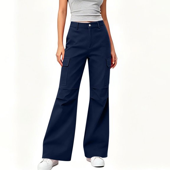 TEAJOPSUU Womens Button Fly Bootcut Cargo Pants Solid High Waist Wide Leg Side Cargo Pockets Trousers with Pockets Casual Winter Wear Navy