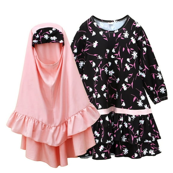 Odeerbi Kids Girls Floral Muslim Dress with Ruffle Hijab One-Piece Islamic Prayer Dress Long Sleeve Round Neck Cotton Dress Set Kids Girls Clothes