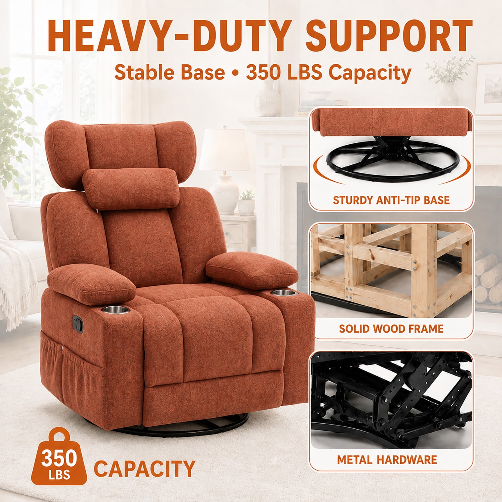 Leumius 360° Swivel Recliner Chair, Single Recliner with Adjustable Detachable Neck Pillow Ergonomic and Cup Holders, 300lbs Capacity Versatile Lounge Chair for Living Room Bedroom Home Theater
