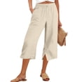 thumbnail image 3 of Side Slit Capris for Women Summer Wide Leg Pants Beach Casual Elastiv Wasited Trousers with Pockets Khaki S, 3 of 5