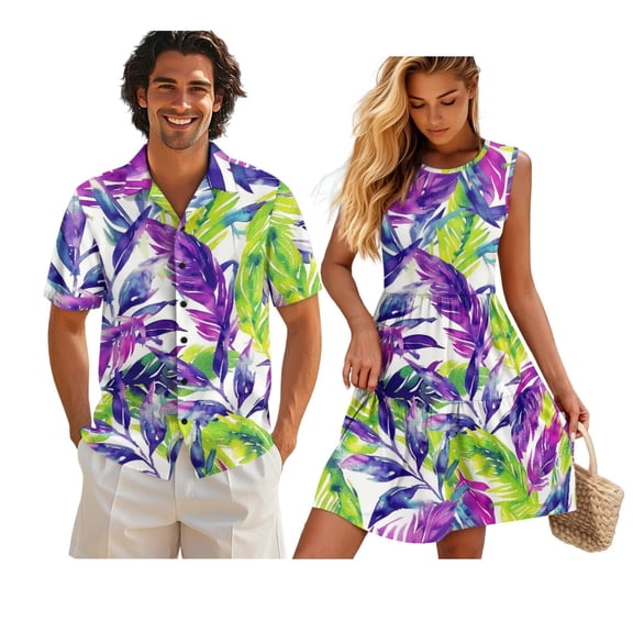 Yuyamidu His and Hers Matching Outfits Womens Hawaiian Dresses Summer Shirts for Men Casual Button Up Shirt Men and Women Matching Outfits Flowy Tiered Beach Vacation Dress Size S