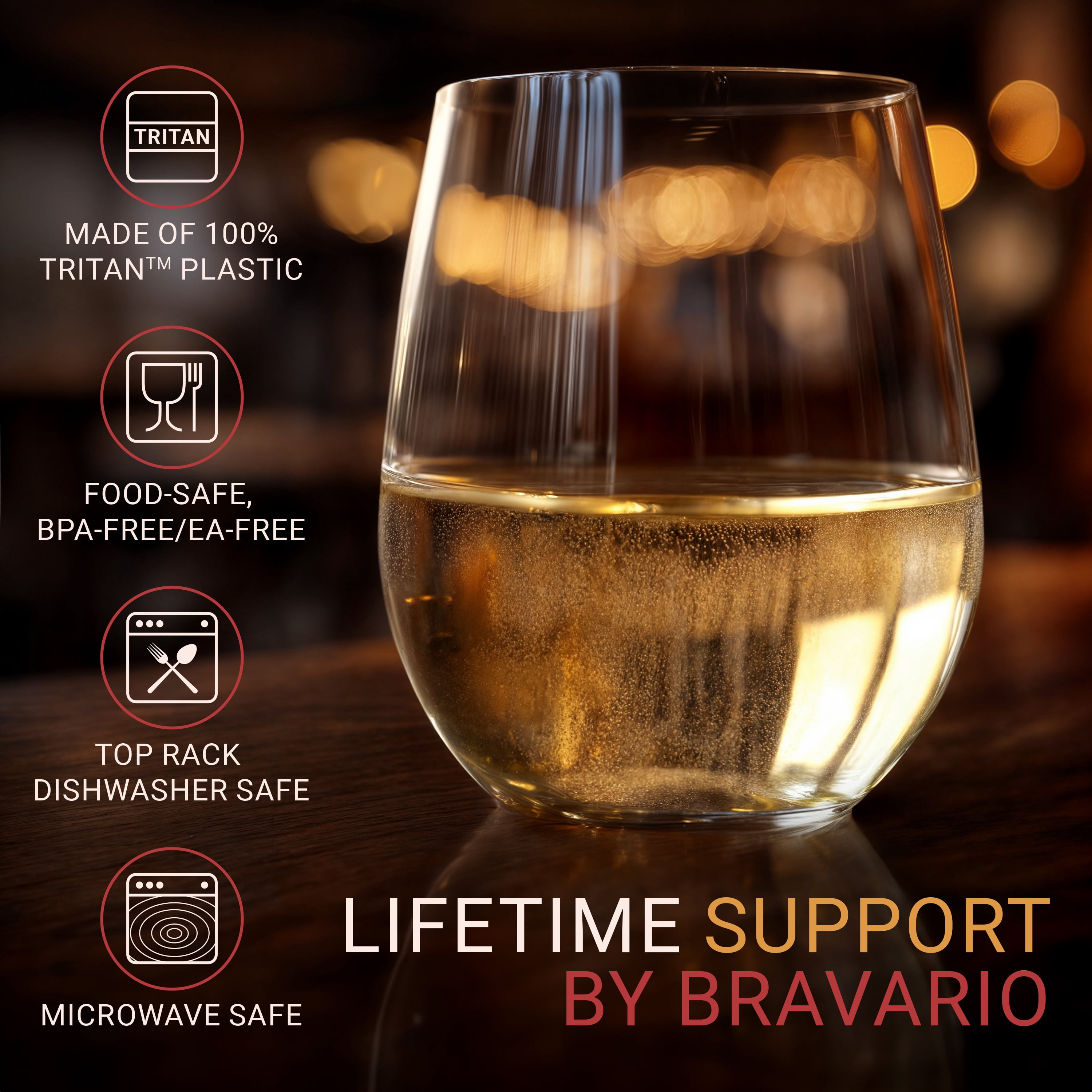 Bravario Plastic Wine Glasses Glassware Set of 4, 16 oz Unbreakable Stemless BPA-Free Tritan