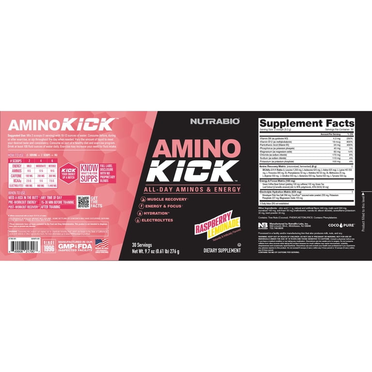 NutraBio Amino Kick - Amino Acid Energy Formula - BCAA's