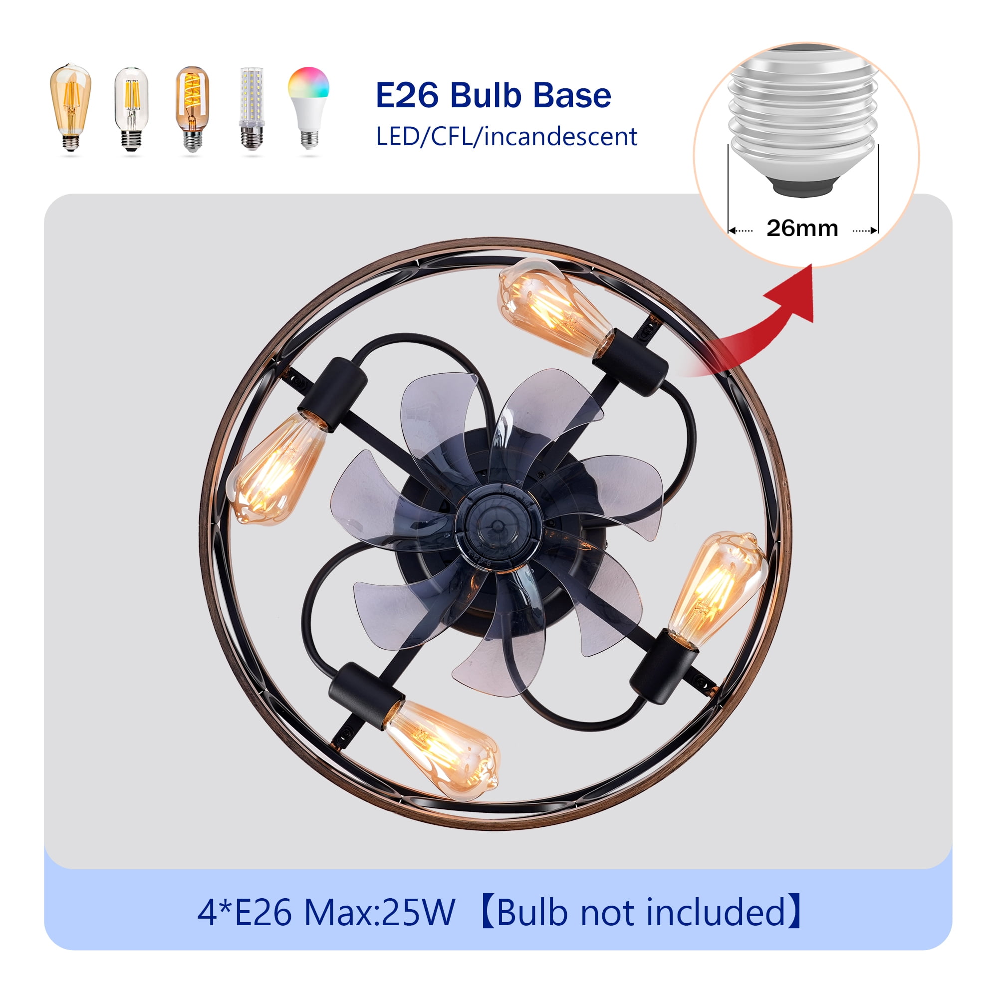 Leumius 20" 7 Blades Caged Ceiling Fan with Light and Remote, Flush Mount Caged Ceiling Fan 6 Speed Reversible with Remote Control for Living Room Bedroom Dining Room (NOT Included Bulbs)