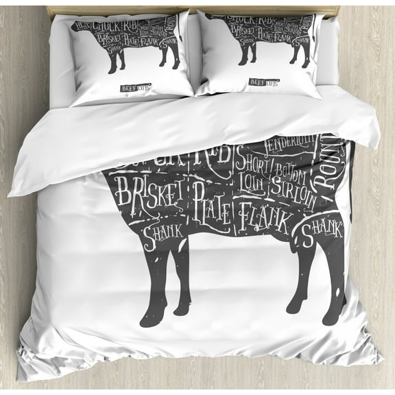Cattle Queen Size Duvet Cover Set, Vintage Hand-Drawn Butcher Cuts of Beef Scheme Silhouette for Barbecue, Decorative 3 Piece Bedding Set with 2 Pillow Shams, Charcoal Grey and White, by Ambesonne