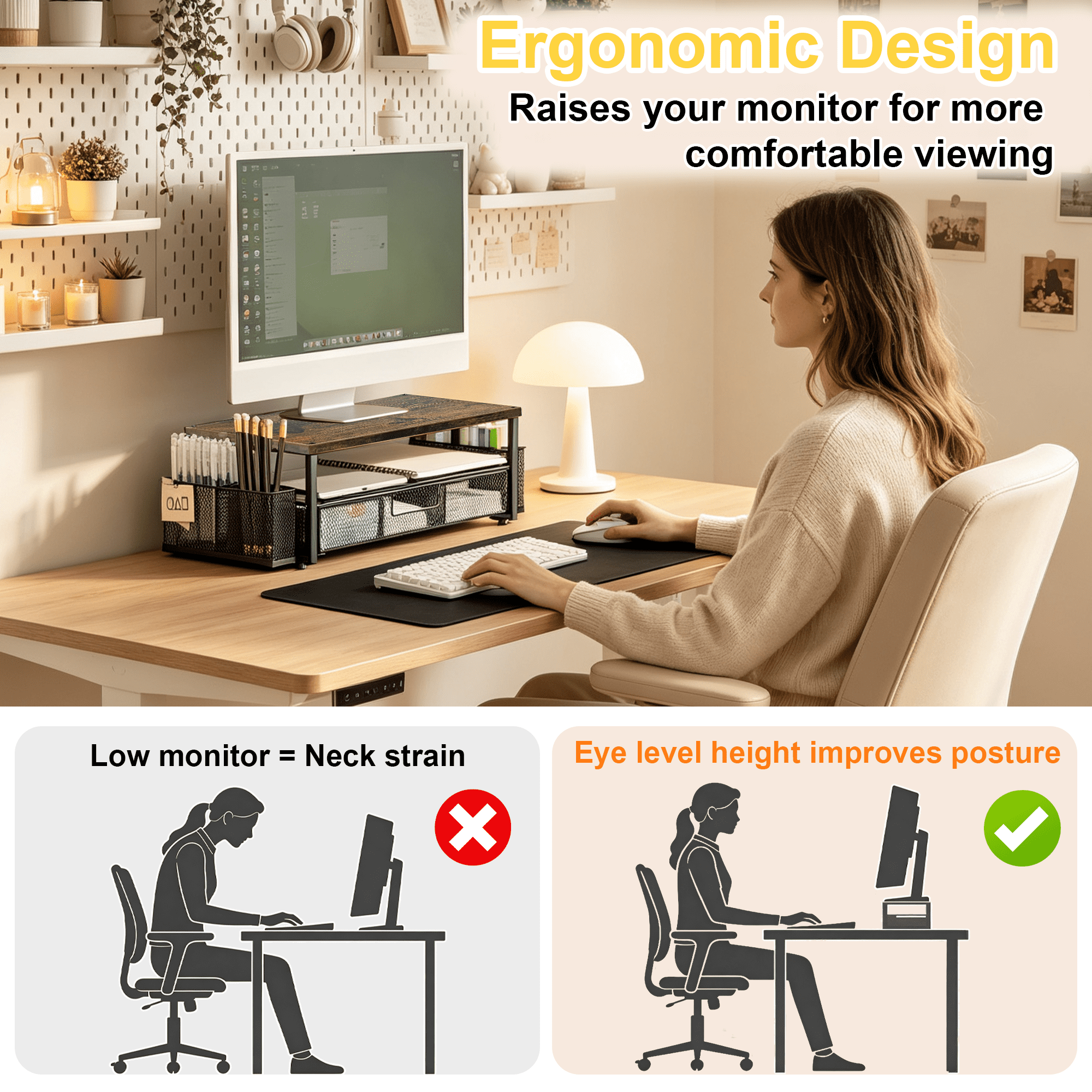 Monitor Stand Riser with Mesh Drawers & Pen Holders, 2 Tier Wood Metal Desktop Organizer, Computer Monitor Riser for Desk, Supports Laptop, Printer, Office Supplies Storage