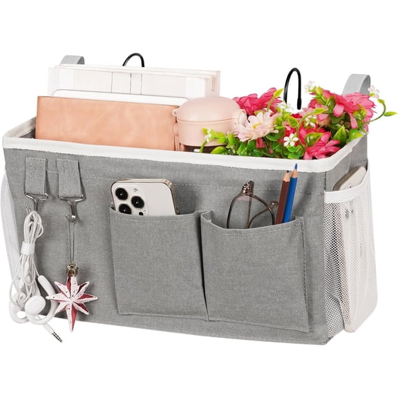 Bedside Caddy Organizer - Bedside Hanging Storage Bag with Hooks, Dorm Essentials Caddy for Bunk Bed & Dorm Bed Rails, Holds Books, Phones, Tablets, Glasses,Water Bottles & More