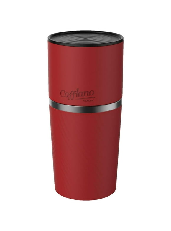 Cafflano Klassic - All-in-1, Drip Kettle+Grinder+Permanent Stainless Filter Dripper+Double-wall Tumbler, Pourover, Coffee Maker for Camping & Travel Red Color