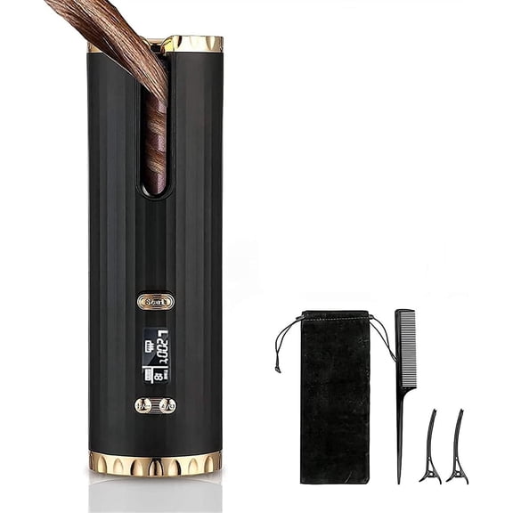Cordless Auto Hair Curler, Automatic Curling Iron with LCD Display Adjustable Temperature & Timer, Portable Rechargeable Rotating Ceramic Barrel Curling Wand Fast Heating for Hair Styling