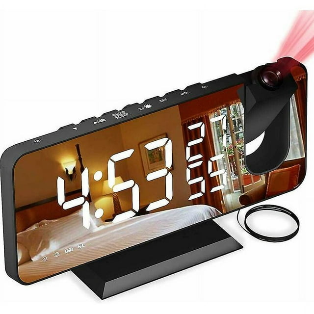 Projector Clock with Radio, Digital Clock, USB Clock Radio with Dual Alarm and 7 LED Mirror Display, Snooze, 4 Brightness Levels, 12/24h, 15 Volume,