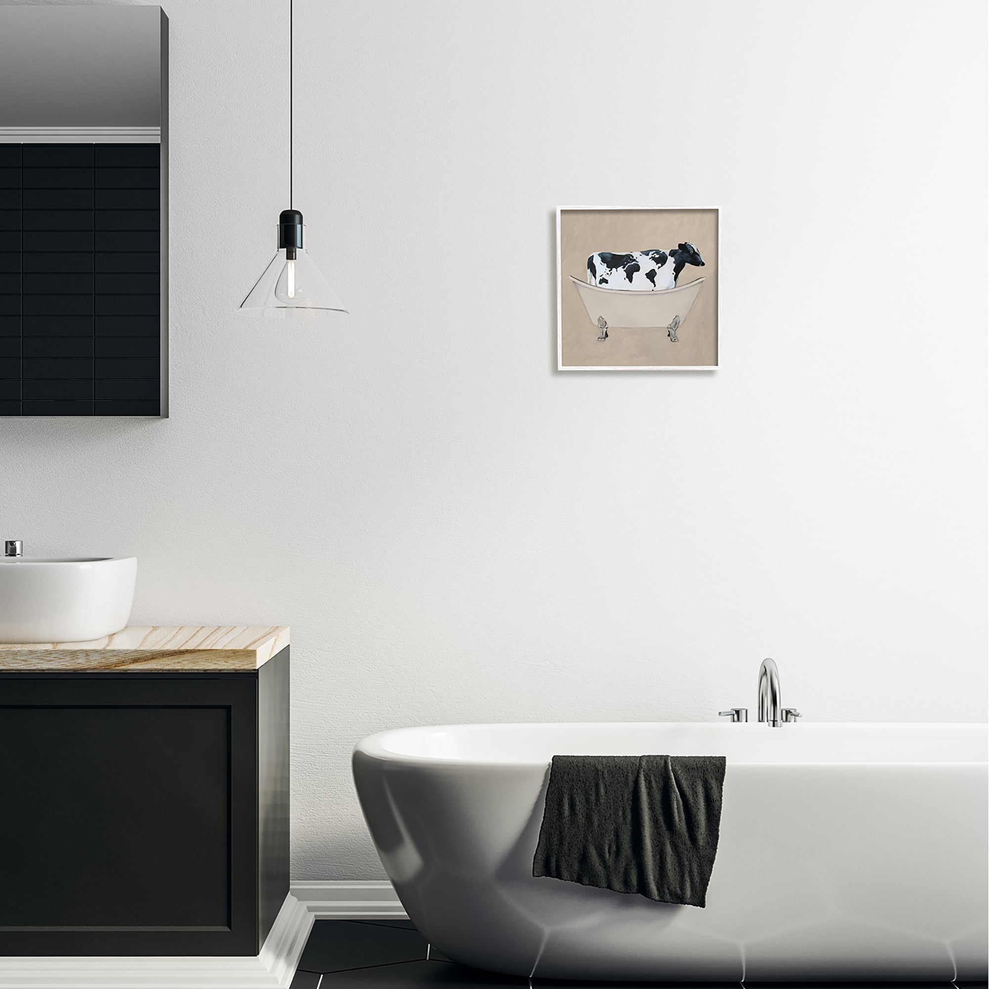 Stupell Industries Rustic Cow Farmhouse Bathroom Tub Animals & Insects Painting White Framed Art Print Wall Art