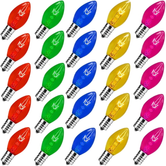 25 Pack C7 Replacement Light Bulbs, C7/E12 Candelabra Base, Multi-Color Christmas Lights for Outdoor, Indoor, Patio String Lights, 5 Watt