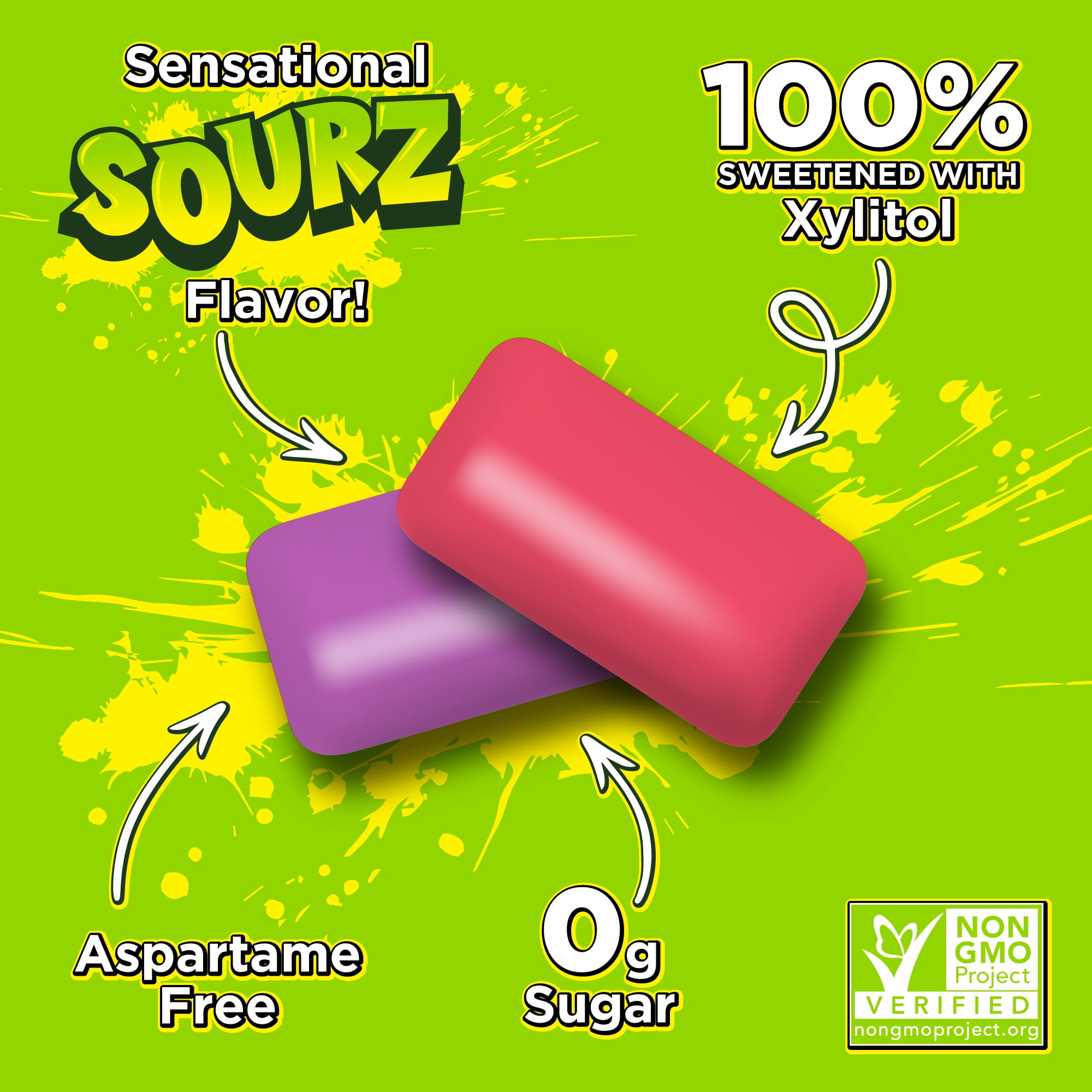 PUR Jumbo SOURZ Gum, Sour Strawberry, Sour Grape, Aspartame Free, Sugar Free & 100% Xylitol Chewing Gum, 20 Pieces, Pack of 10