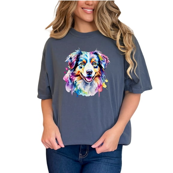 Colorful Dog Art T-Shirt, Australian Shepherd T-Shirt with Watercolor Design, Cute Dog Lover Gift, Animal Art Tee for Women and Men, Denim Comfort Colors T-Shirt, Small