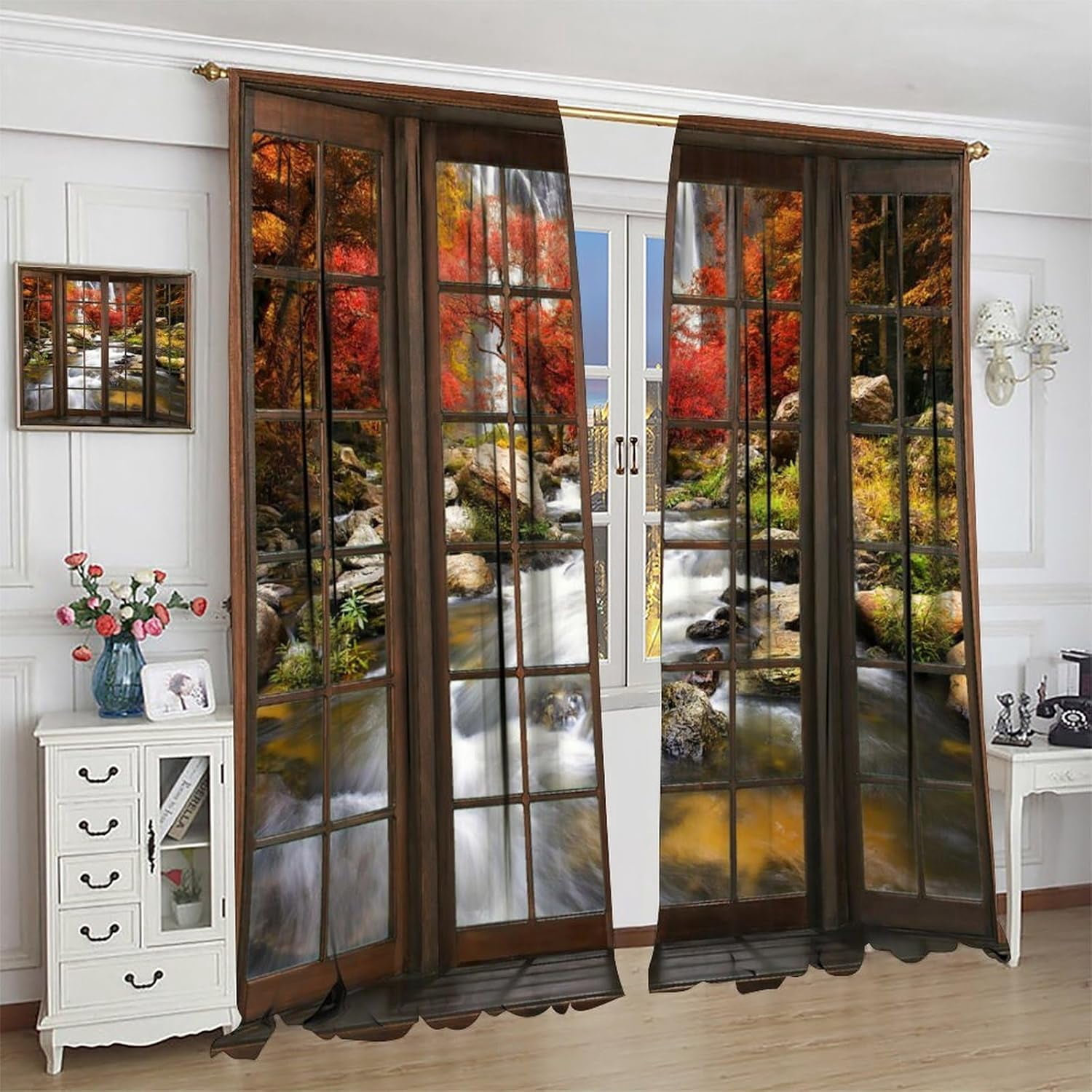 Forest Blackout Curtains, Windows Outside 3D Waterfall Forest Natural Landscape for Bedroom Living Room, 2 Panel Set,42X84x2 Inch, Style-2