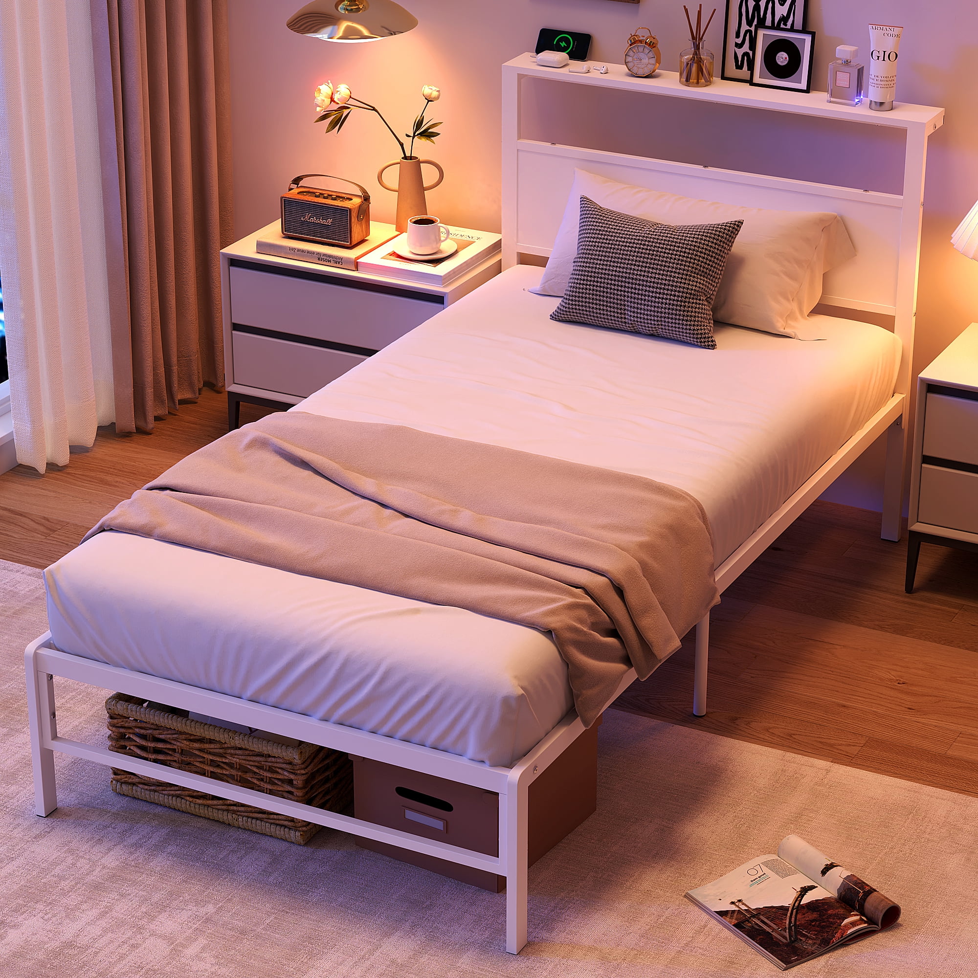 Yoneston Kids Twin Size Metal Platform Bed Frame with Storage Headboard, 12” Single Mattress Foundation for Childs Adults, White