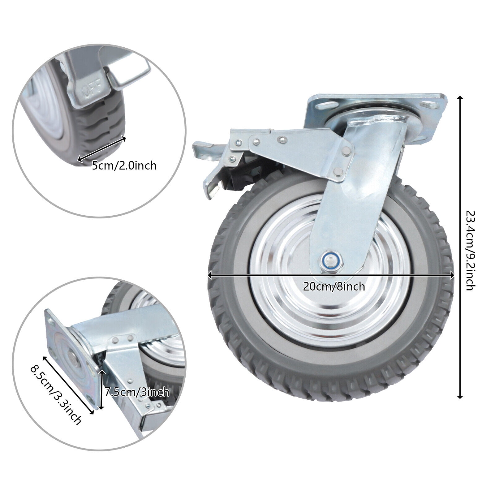 Miumaeov 4PCs 8 inch Dustproof Handling Wheels Fixed+Brake Heavy Duty Solid Caster Wheels