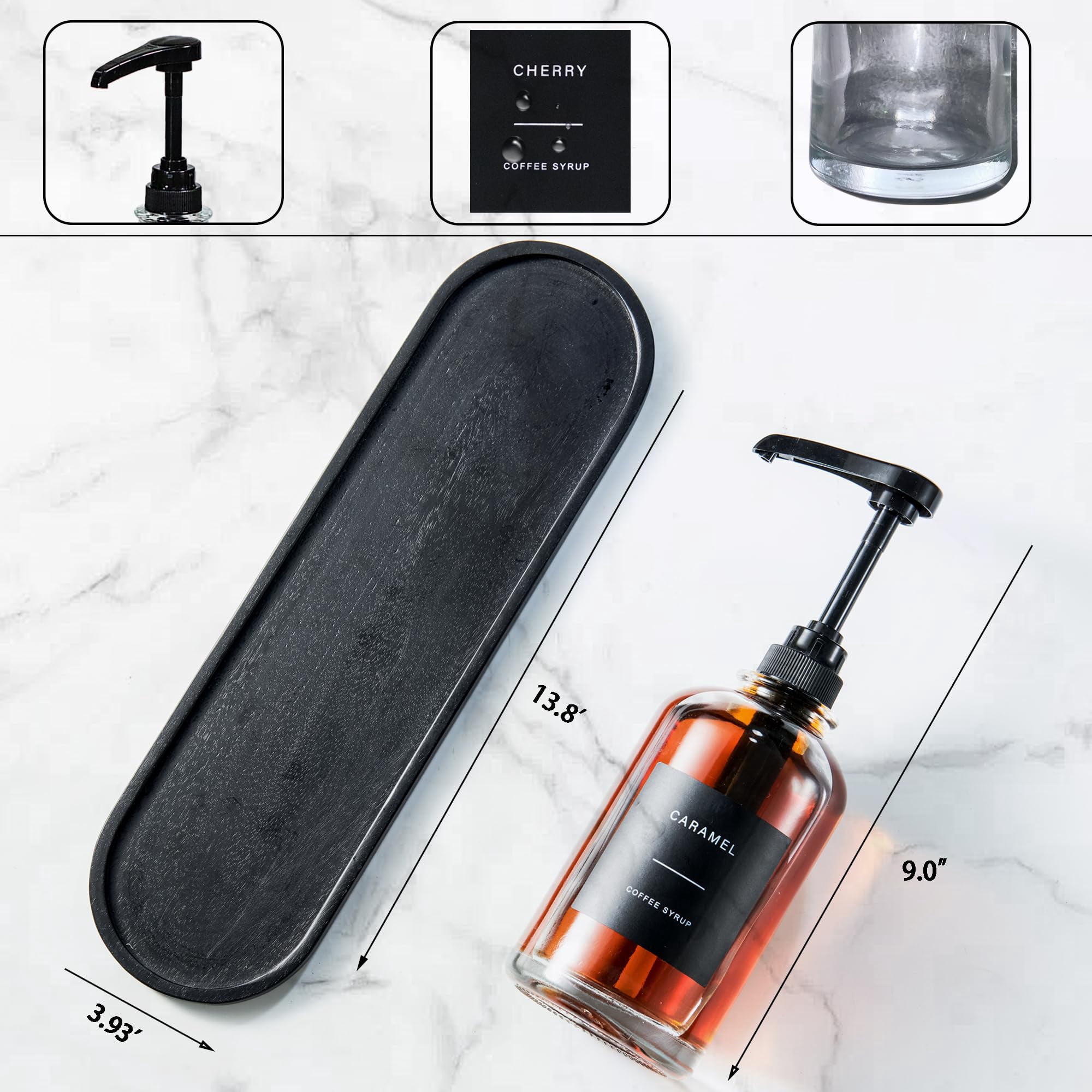 Coffee Syrup Dispenser For Bar  Glass Bottle With 1/4 Oz Large Capacity Pump Station Black Tray 16.9oz Set Of 4