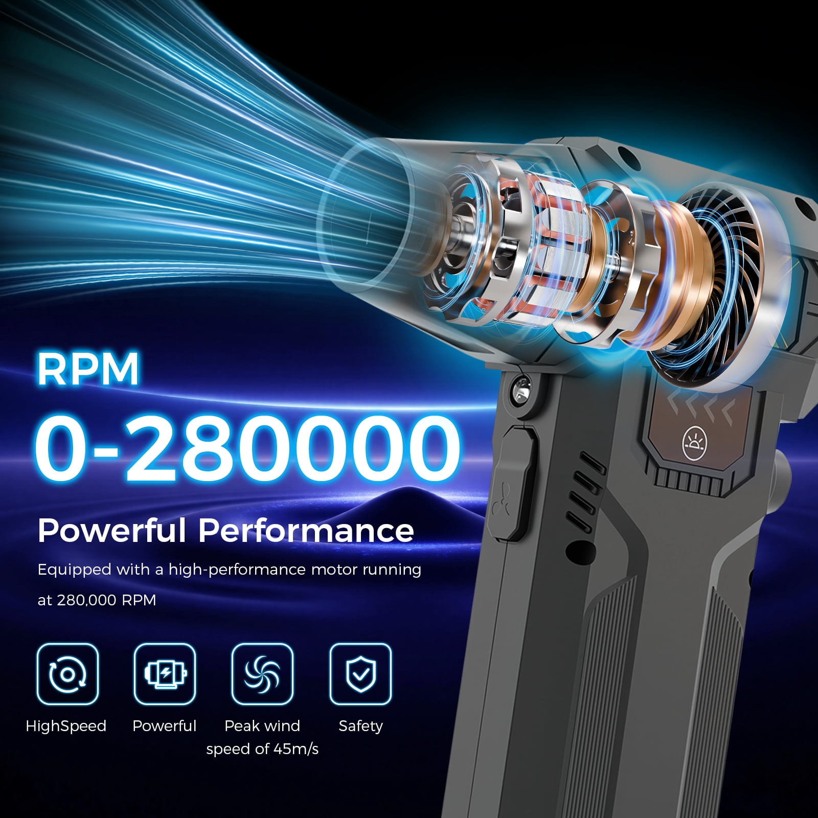 BAOKALER 280000RPM Air Duster, Brushless Compressed Air Duster for Blowing and Suction, 8AH Battery and LED Light, Adjustable Air Blower for Outdoors,Car,Home