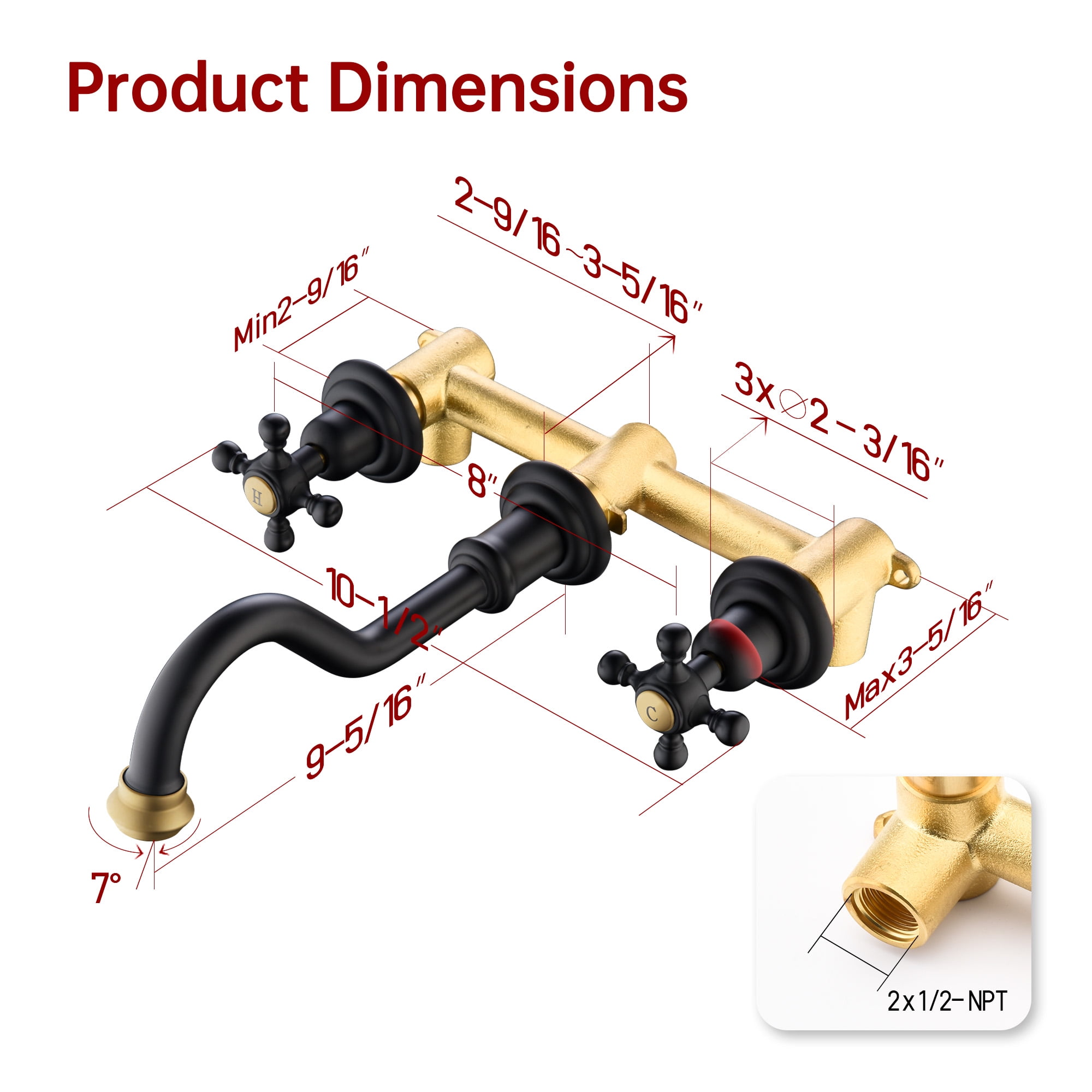 SUMERAIN Classic 3 Holes Wall Mount Bathroom Sink Faucet - Cross Handles Lavatory Basin Sink Faucet with Included Rough-in Valve-Black and Gold