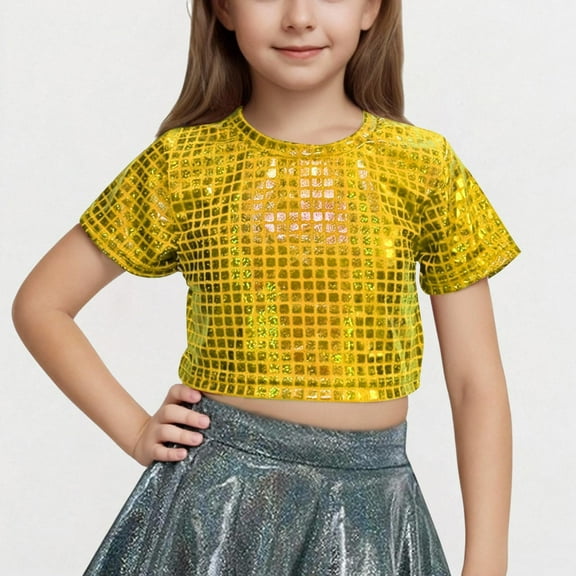 Girls Shiny Metallic Shirts Crewneck Short Sleeve Crop Tops for Dancing Raves Festivals 3-16 Years