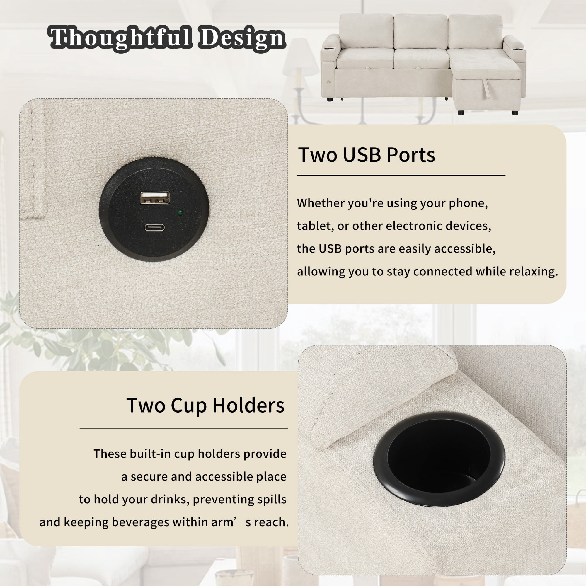 83.5" L-shaped Sofa Couch Convertible Sofa Bed Sectional Sofa Pull Out Bed with Two Cup Holders and Two USB Ports for Living Room,Beige