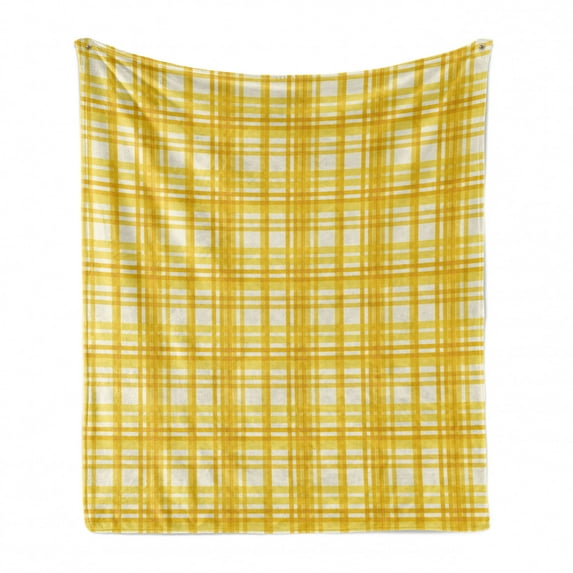 Plaid Soft Flannel Fleece Blanket, Retro Checkered Geometric Fashion Stripes Forming Square Shapes Artwork, Cozy Plush for Indoor and Outdoor Use, 50" x 70", Earth Yellow and Ivory, by Ambesonne