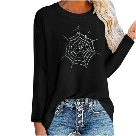 Women's Fashion Spider Web Printed Loose Fit T-shirt Long Sleeves Blouse Crew Neck Casual For 2022 Women Tops