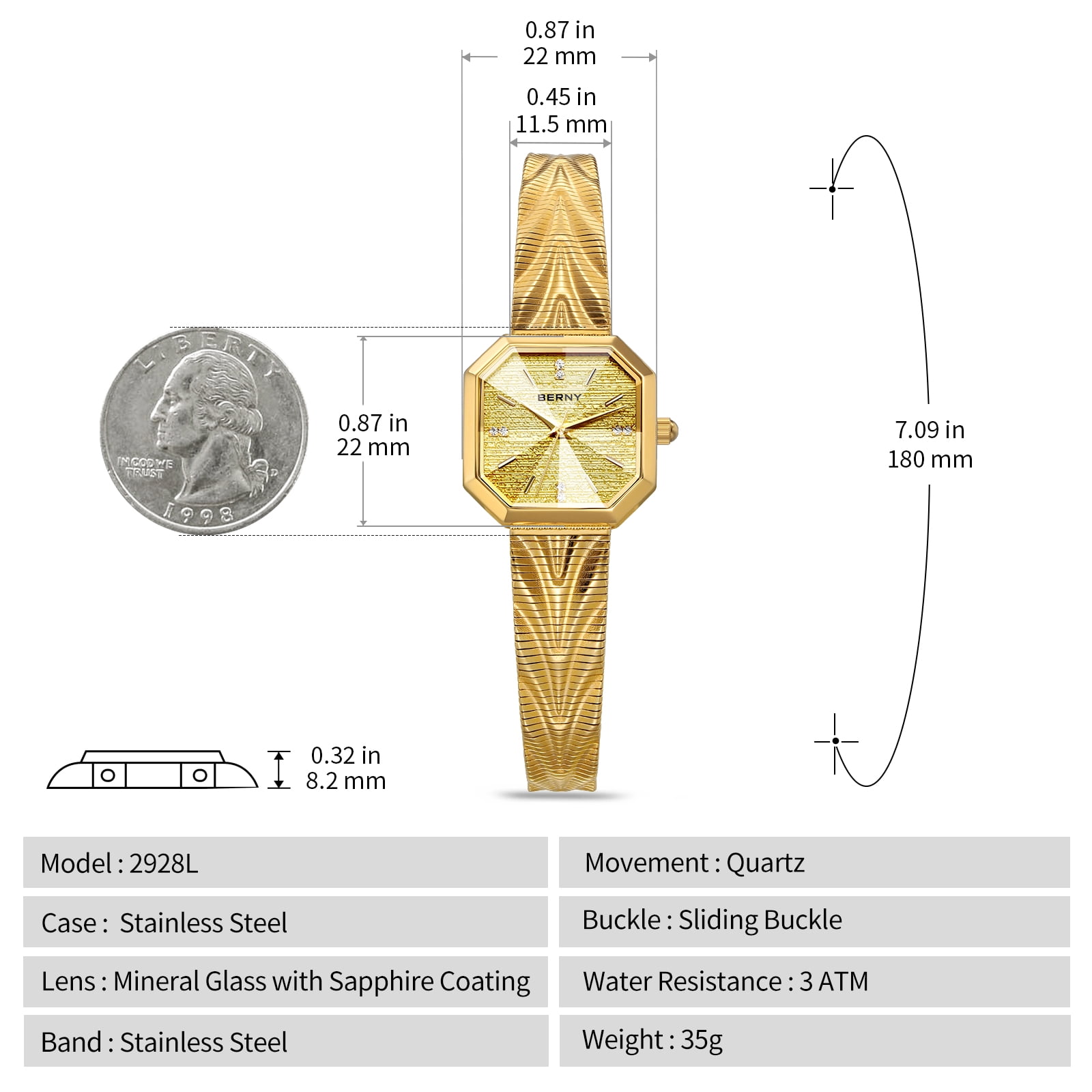 BERNY Small Gold Watches for Women, Dainty Luxury Diamond Dial, Stainless Steel Bracelet Watch, Fashion Ladies Analog Quartz Watch, Minimalist Waterproof Womens Wristwatch Gifts (Gold #1)