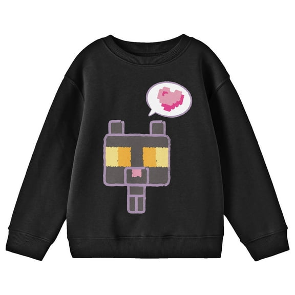 Minecraft Block Kitten With Heart Youth Black Crew Neck Sweatshirt-Medium
