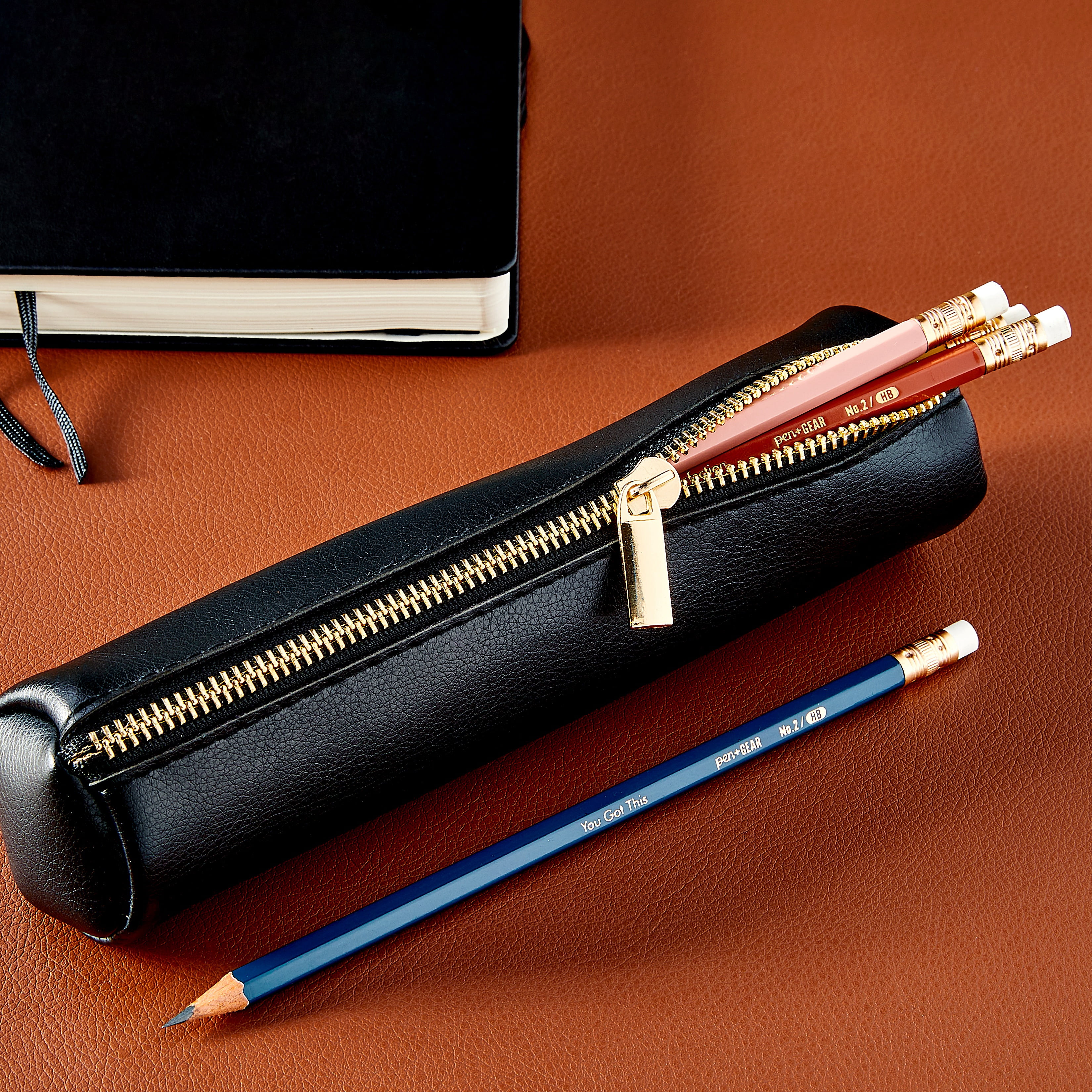 Pen+Gear Simulated Leather Pencil Pouch with Zipper Pull, Black, Ideal for Students and Professionals