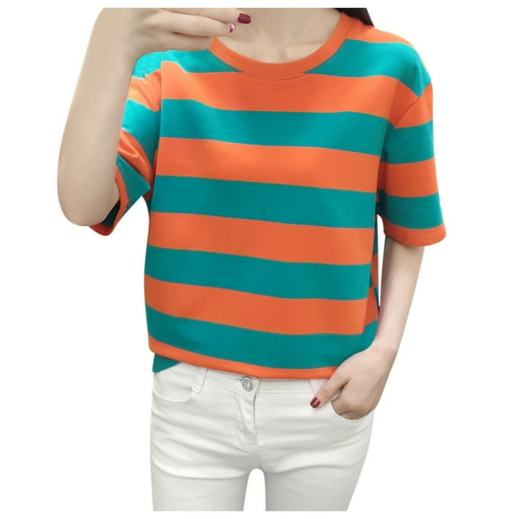 Tfken Women Tshirts For Summer Stripe Half Sleeve Crew Neck Tops Trendy Daily Wear Female Soft Shirts Green