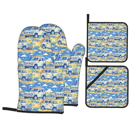 

Oven Mitts and Pot Holders Sets 4 pcs travel SUV summer daisy Non-Slip Oven Gloves Potholders Soft Quilted Lining Heat Resistant Gloves Hot Pads for Kitchen Cooking Baking